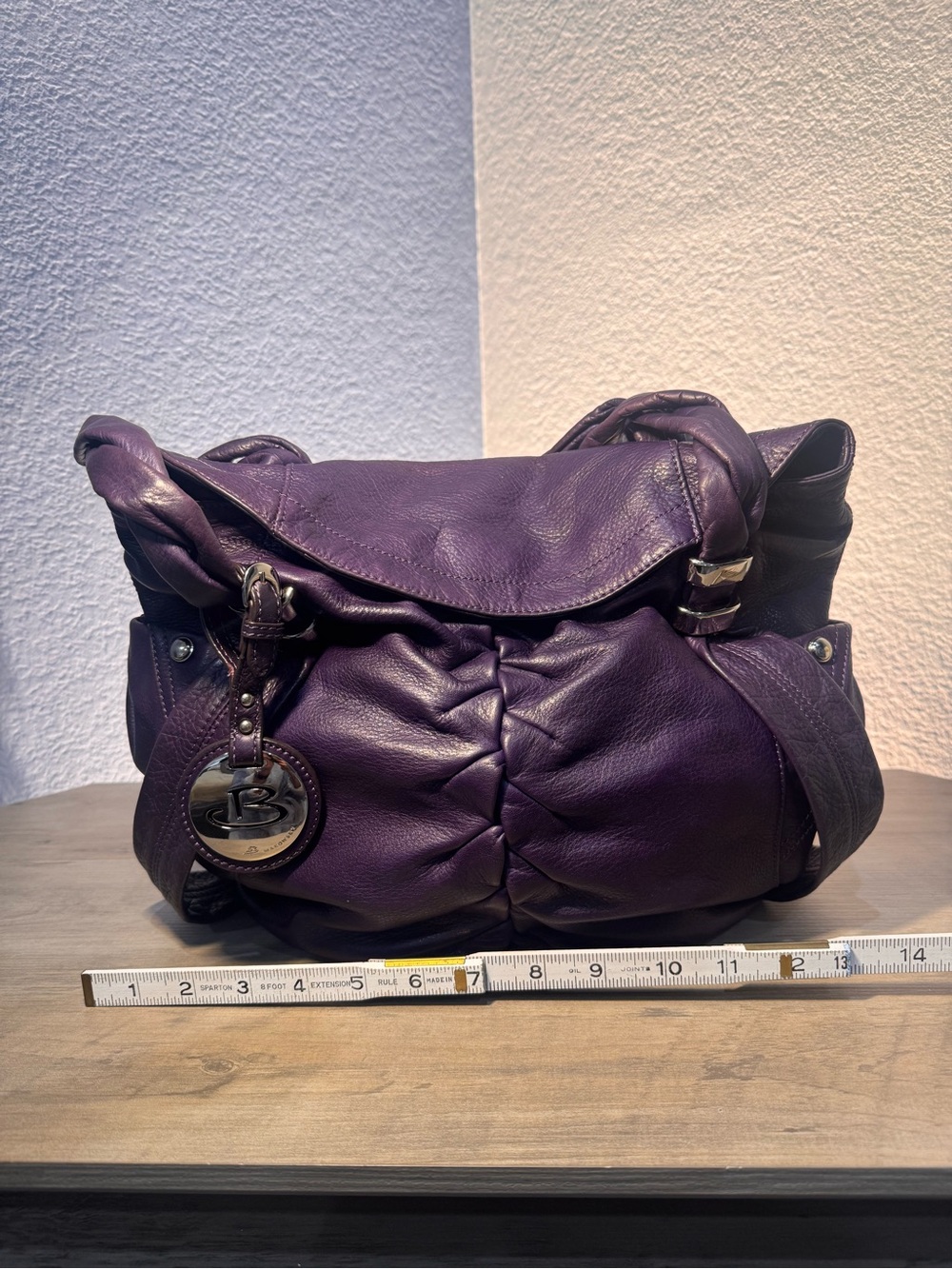 B Makowsky Purple Pebbled Leather Hobo Shoulder Bag Braided Handles Large - Picture 13 of 14
